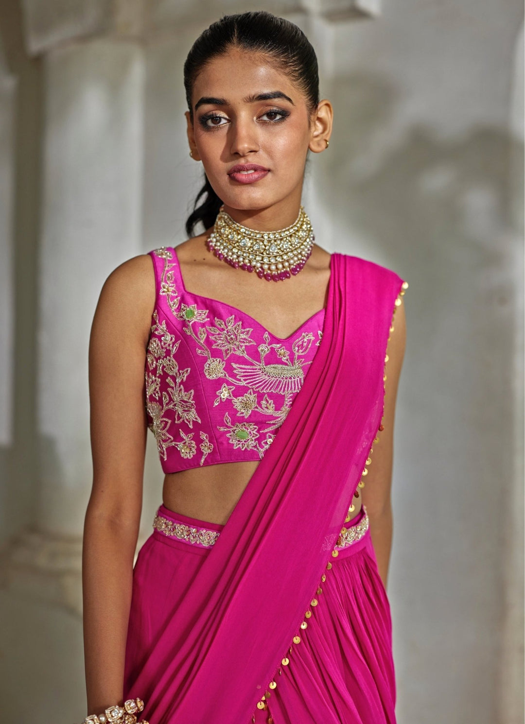 Hot Pink Embroidered Georgette Predraped Saree Paulmi and Harsh - Fabilicious Fashion
