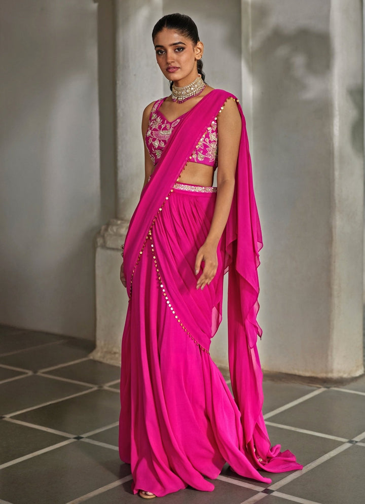 Hot Pink Embroidered Georgette Predraped Saree Paulmi and Harsh - Fabilicious Fashion