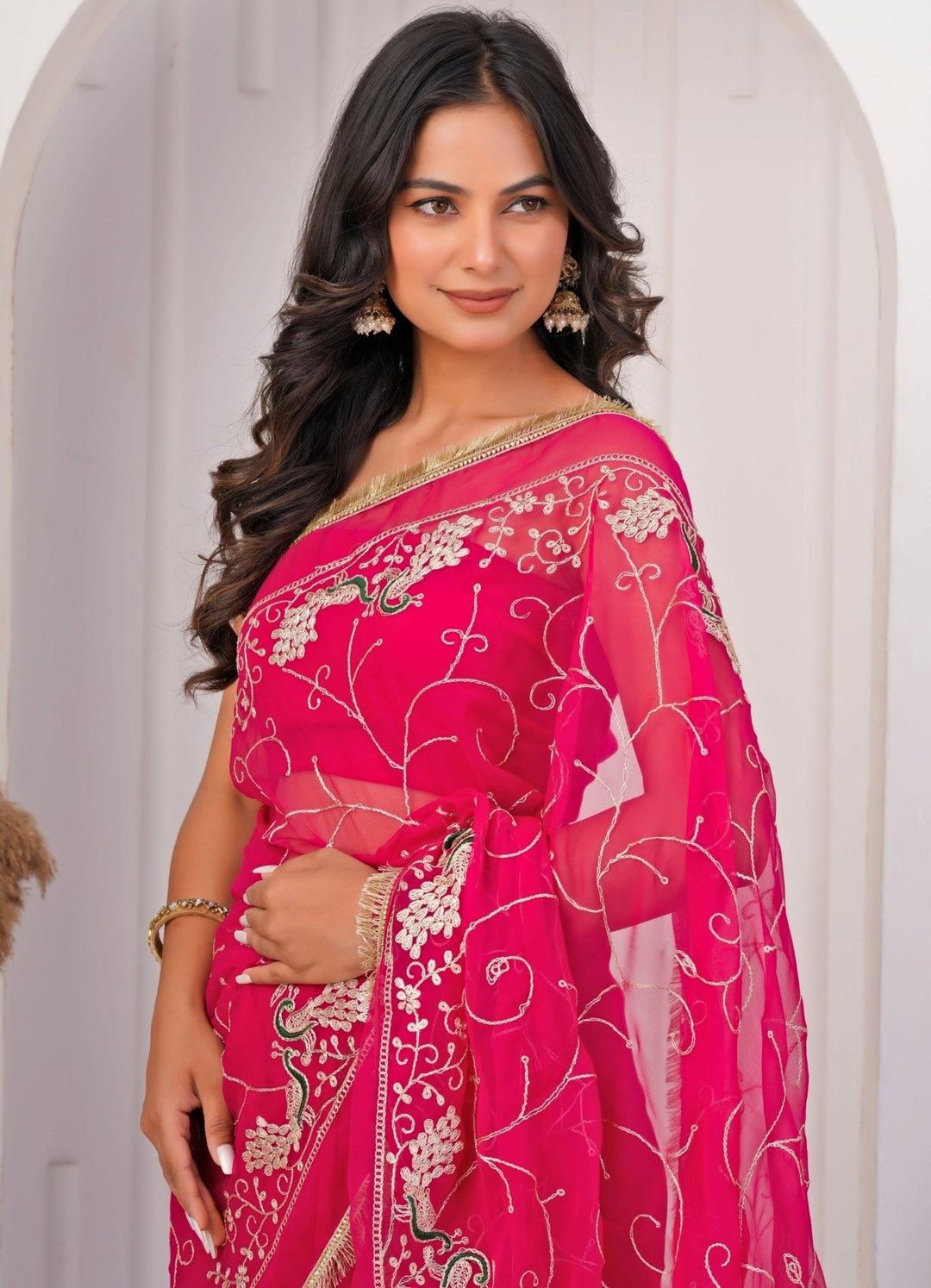 Geroo Jaipur Hot Pink Embroidered Georgette SareeFabilicious Fashion