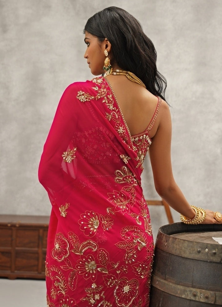 Hot Pink Embroidered Georgette Saree Kapda Dori - Fabilicious Fashion