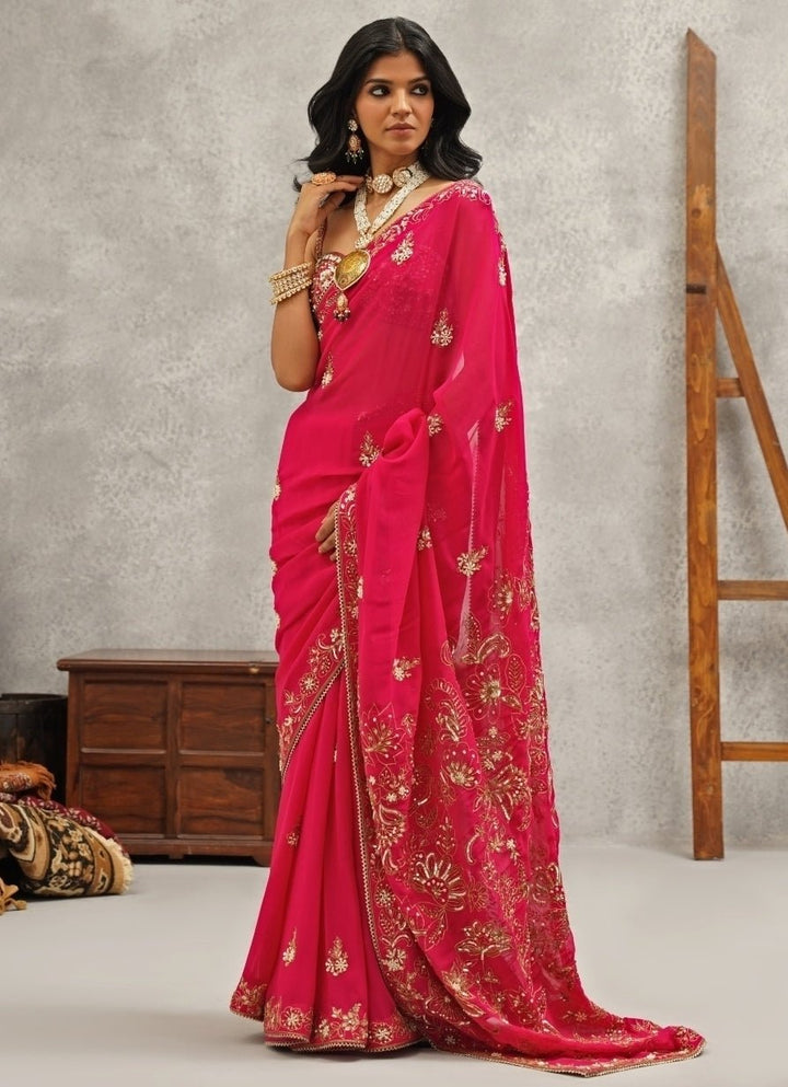 Hot Pink Embroidered Georgette Saree Kapda Dori - Fabilicious Fashion