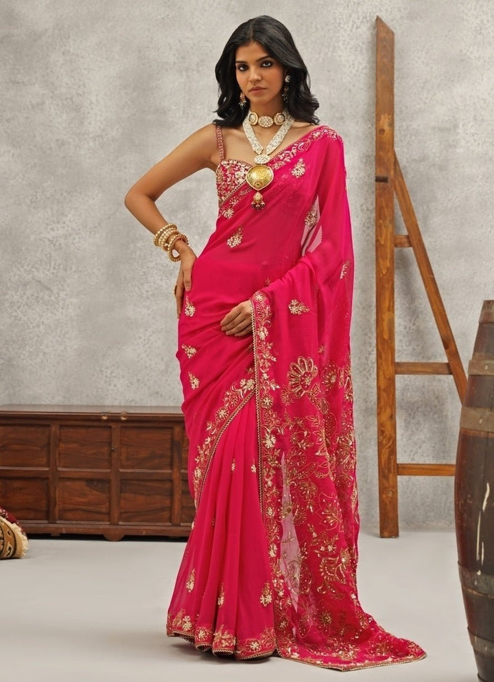 Hot Pink Embroidered Georgette Saree Kapda Dori - Fabilicious Fashion