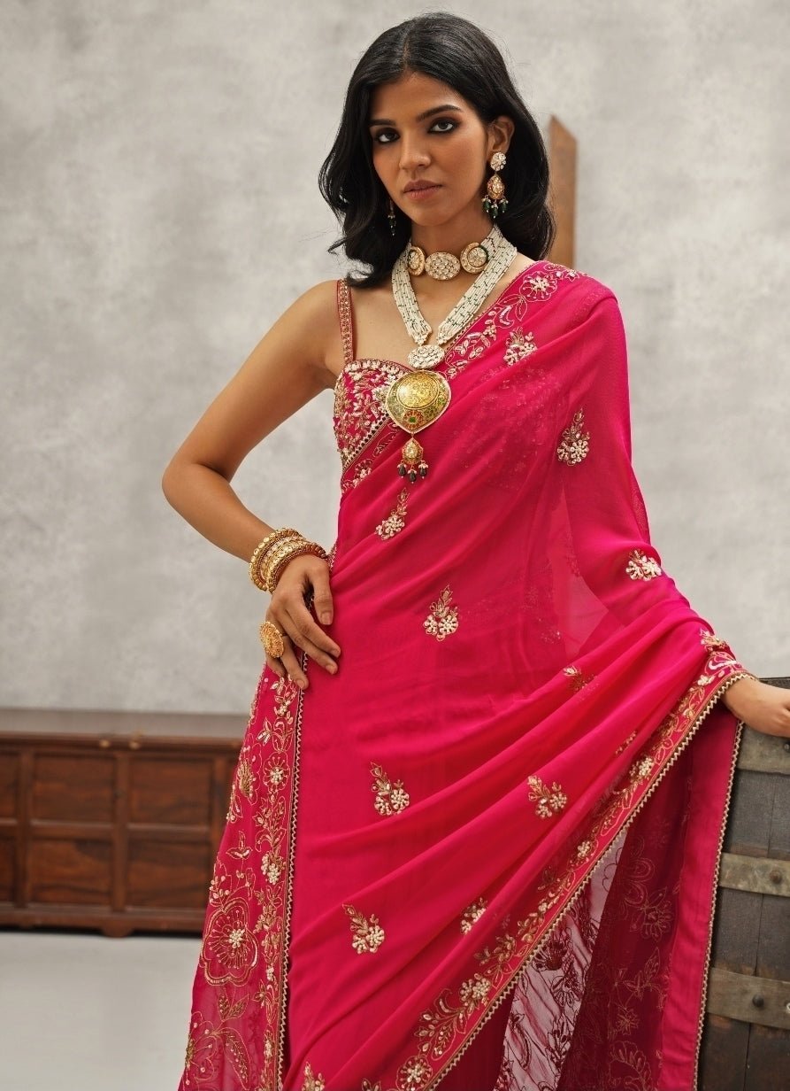 Hot Pink Embroidered Georgette Saree Kapda Dori - Fabilicious Fashion