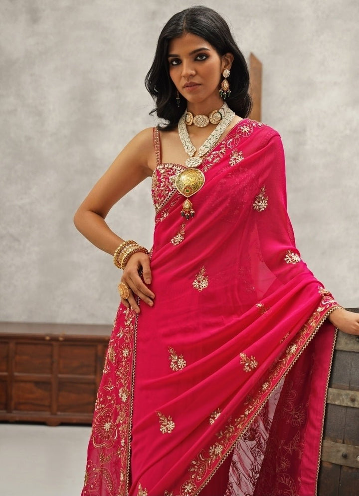Hot Pink Embroidered Georgette Saree Kapda Dori - Fabilicious Fashion