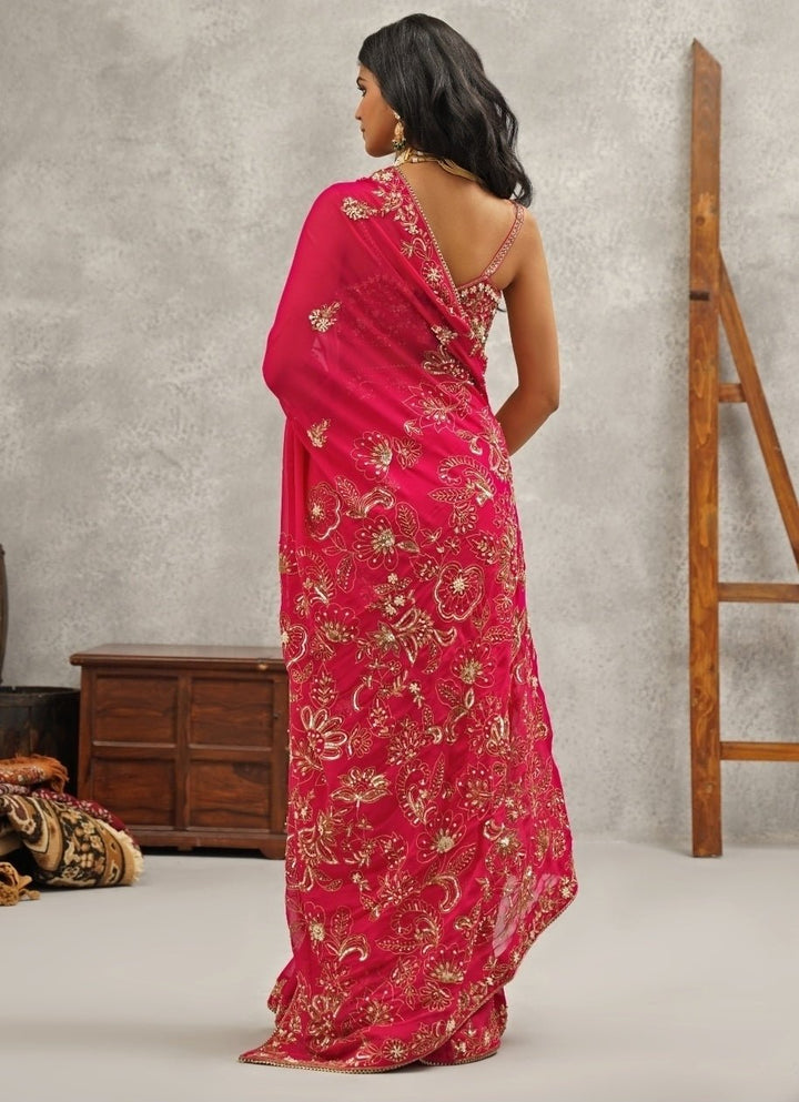 Hot Pink Embroidered Georgette Saree Kapda Dori - Fabilicious Fashion