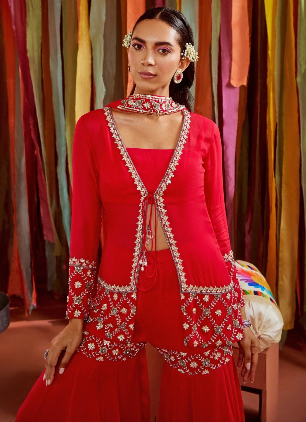 Hot Pink Embroidered Jacket Kurta Sharara Set Sanya Gulati - Fabilicious Fashion