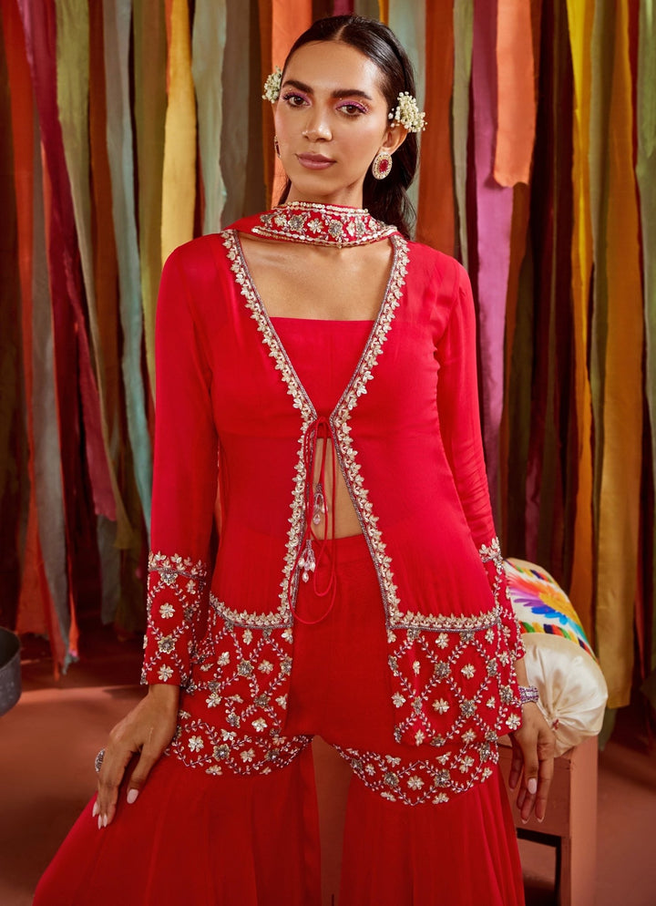 Hot Pink Embroidered Jacket Kurta Sharara Set Sanya Gulati - Fabilicious Fashion