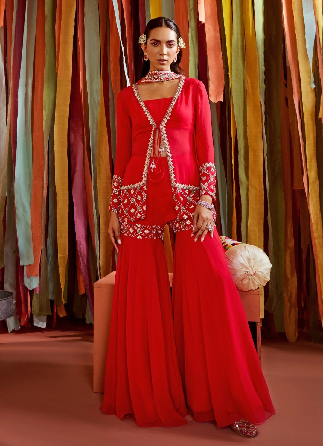 Hot Pink Embroidered Jacket Kurta Sharara Set Sanya Gulati - Fabilicious Fashion