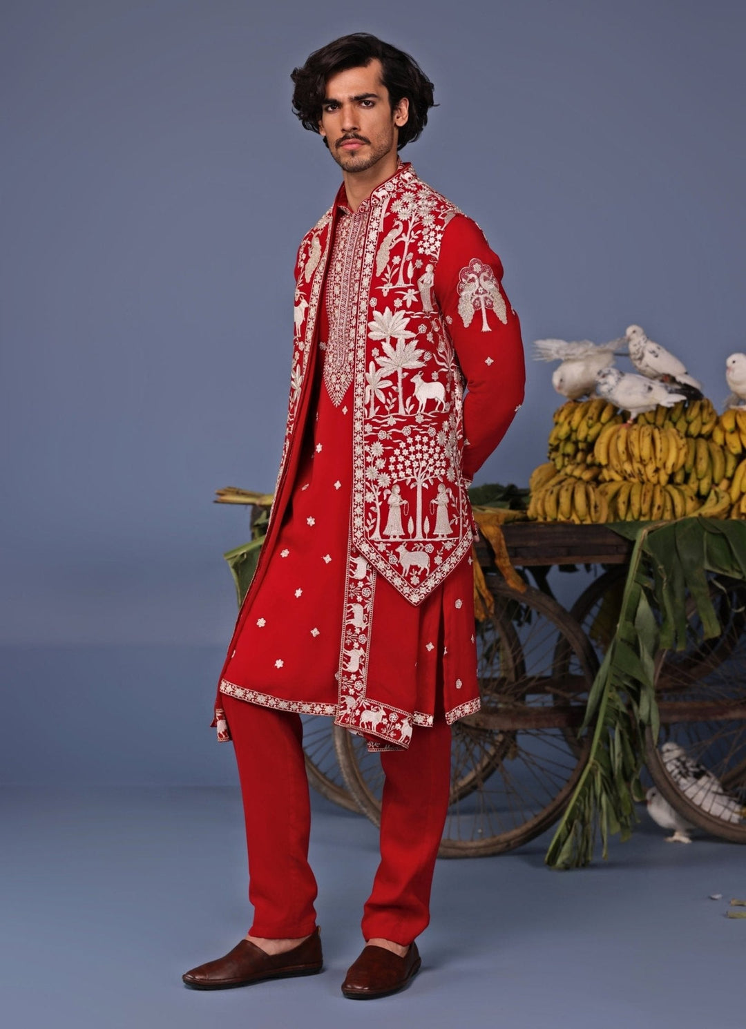 Hot Pink Embroidered Kurta Set with Asymmetric Jacket Kalpraag - Fabilicious Fashion