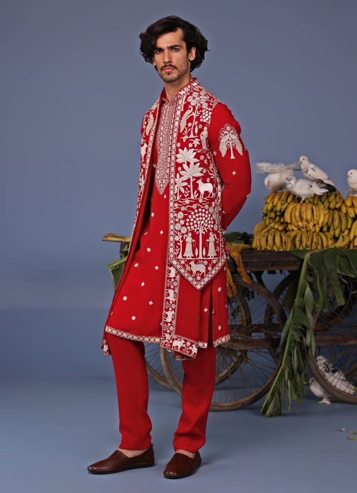 Hot Pink Embroidered Kurta Set with Asymmetric Jacket Kalpraag - Fabilicious Fashion