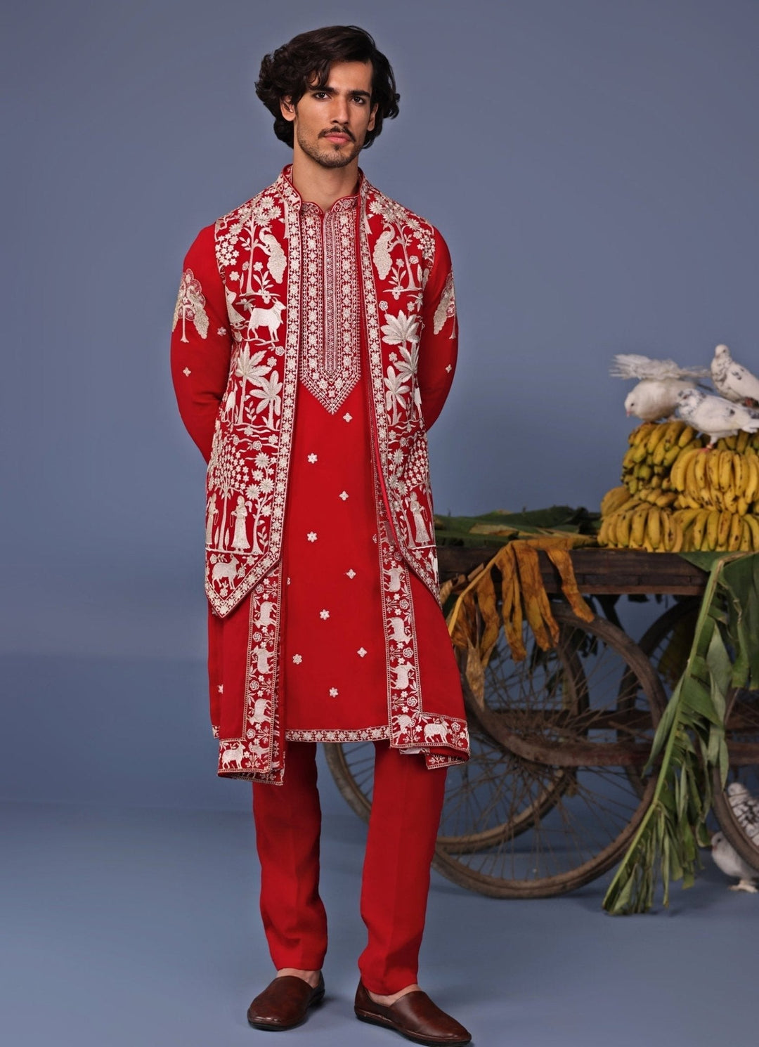 Hot Pink Embroidered Kurta Set with Asymmetric Jacket Kalpraag - Fabilicious Fashion