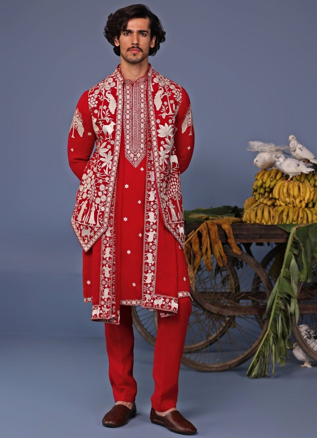 Hot Pink Embroidered Kurta Set with Asymmetric Jacket Kalpraag - Fabilicious Fashion