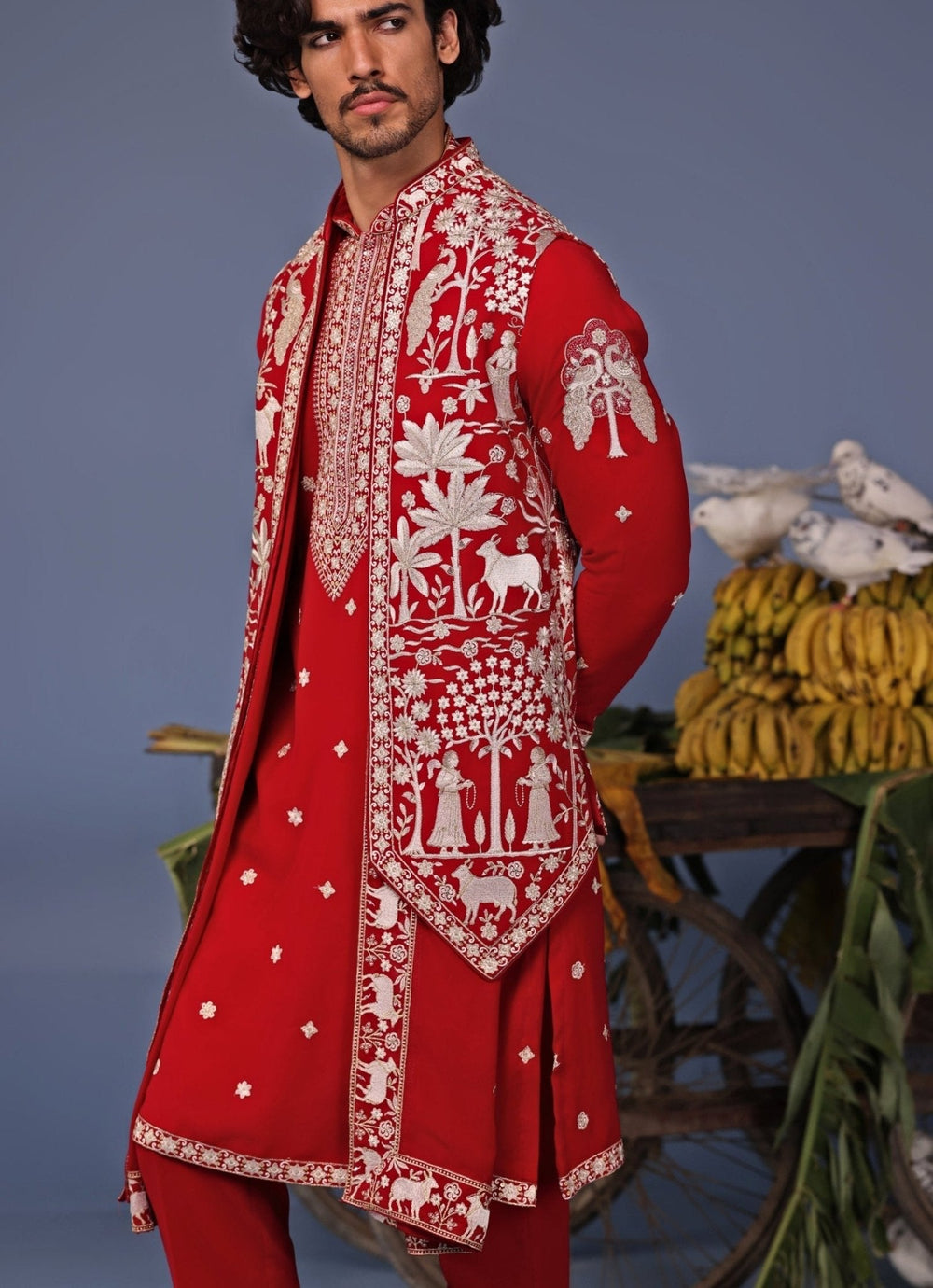 Hot Pink Embroidered Kurta Set with Asymmetric Jacket Kalpraag - Fabilicious Fashion