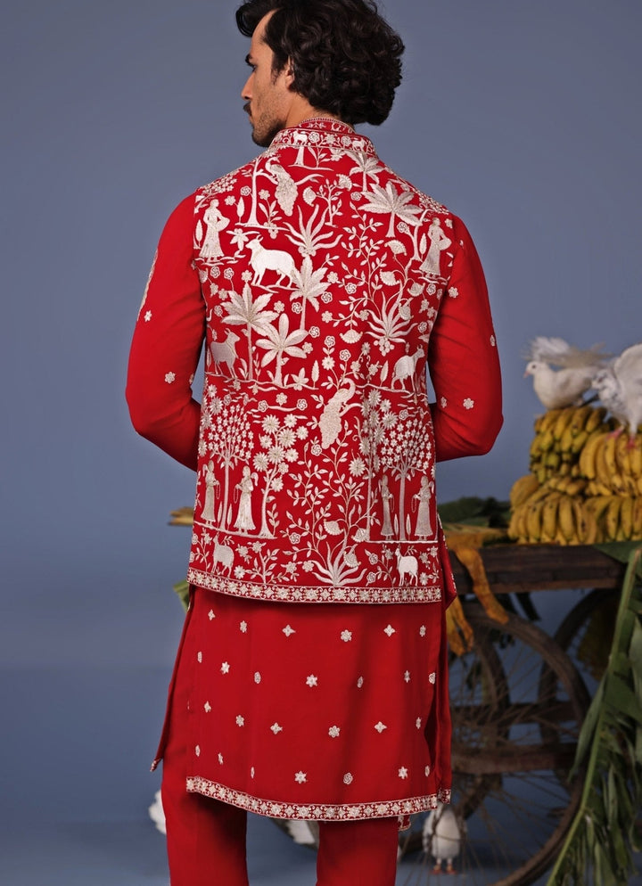 Hot Pink Embroidered Kurta Set with Asymmetric Jacket Kalpraag - Fabilicious Fashion