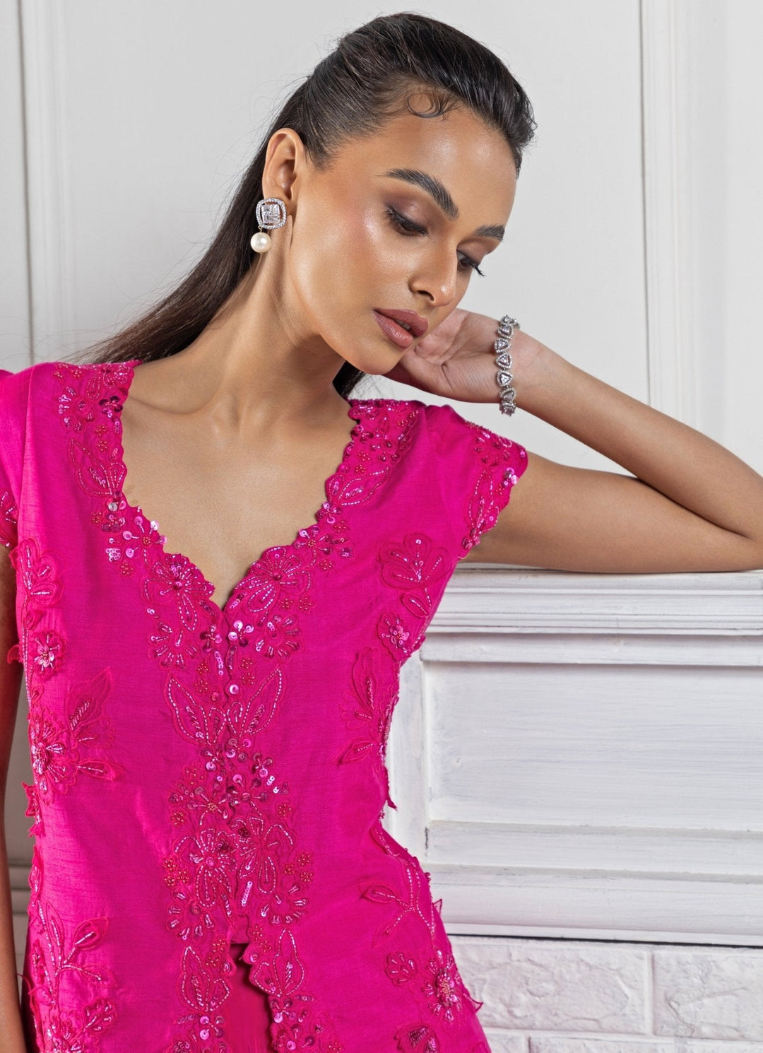 Hot Pink Embroidered Kurta Sharara Set Smriti - Fabilicious Fashion