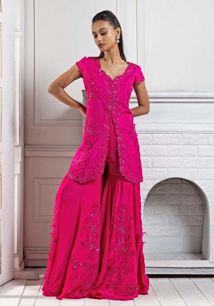 Hot Pink Embroidered Kurta Sharara Set Smriti - Fabilicious Fashion