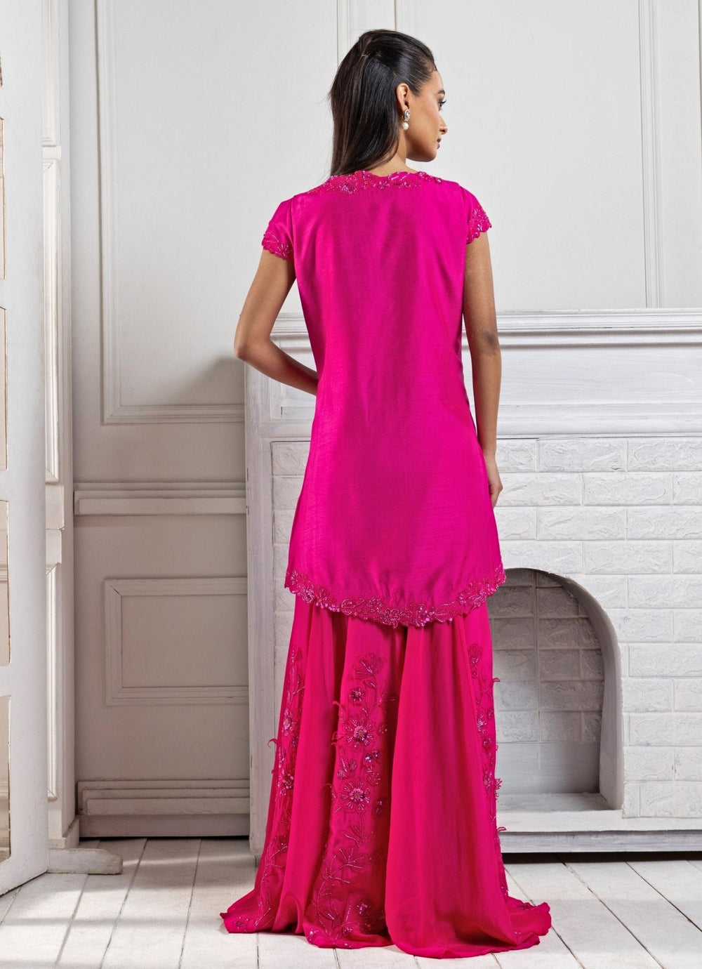 Hot Pink Embroidered Kurta Sharara Set Smriti - Fabilicious Fashion