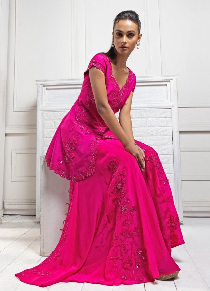 Hot Pink Embroidered Kurta Sharara Set Smriti - Fabilicious Fashion