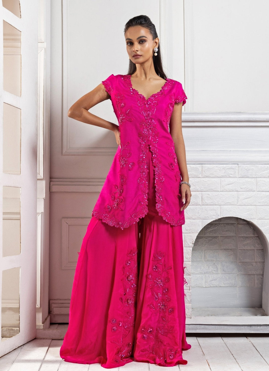 Hot Pink Embroidered Kurta Sharara Set Smriti - Fabilicious Fashion