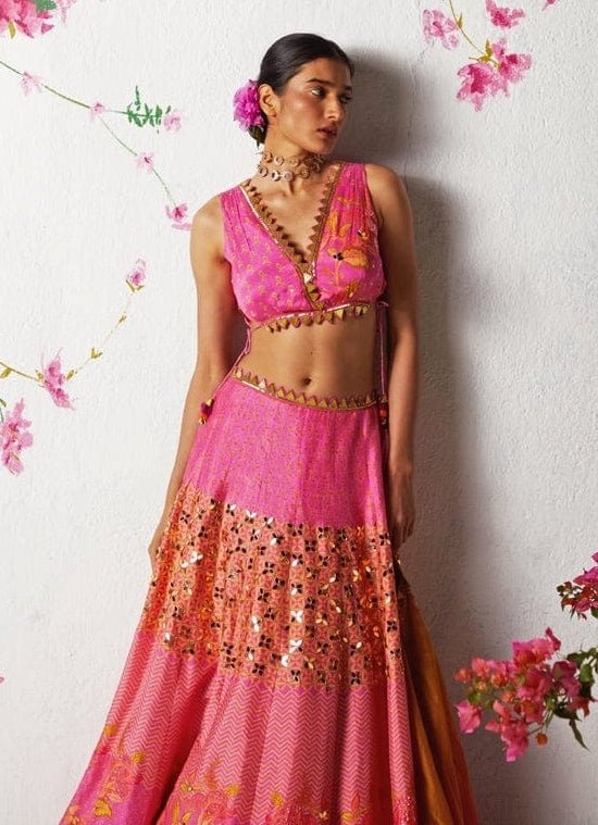 Hot Pink Embroidered Lehenga Set Basil Leaf - Fabilicious Fashion
