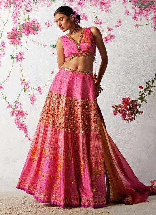 Hot Pink Embroidered Lehenga Set Basil Leaf - Fabilicious Fashion