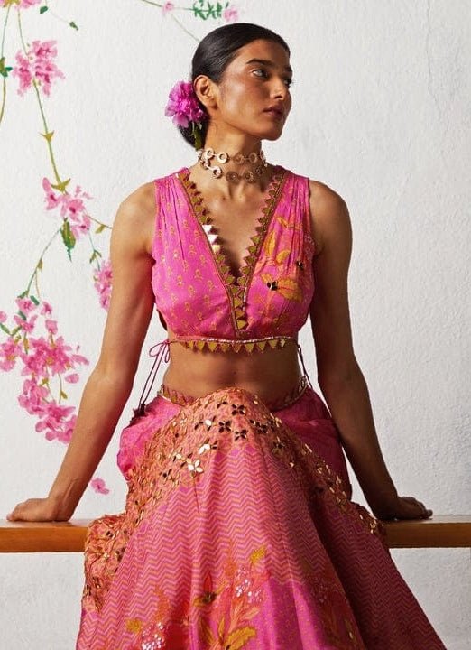 Hot Pink Embroidered Lehenga Set Basil Leaf - Fabilicious Fashion
