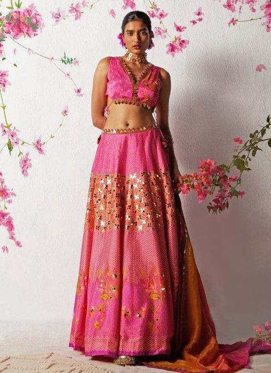 Hot Pink Embroidered Lehenga Set Basil Leaf - Fabilicious Fashion