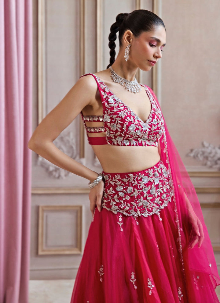 Hot Pink Embroidered Organza Lehenga Set Sanya Gulati - Fabilicious Fashion