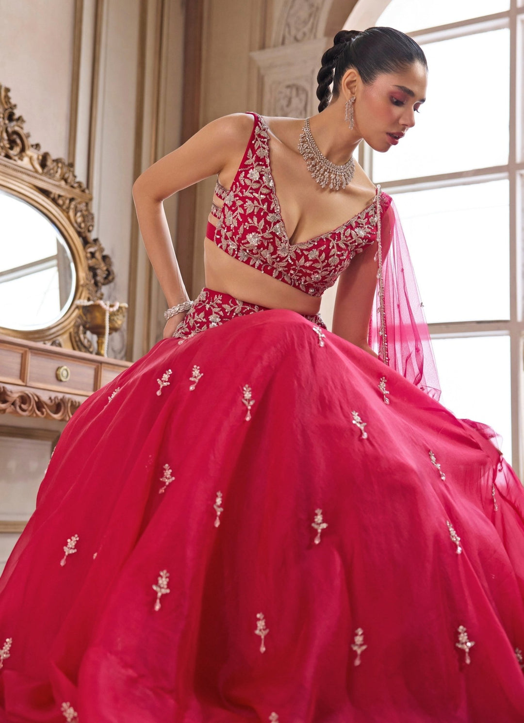 Hot Pink Embroidered Organza Lehenga Set Sanya Gulati - Fabilicious Fashion
