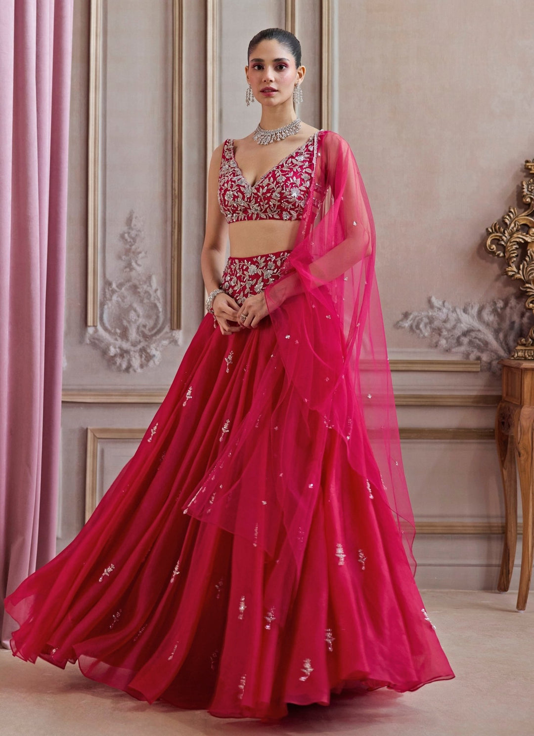 Hot Pink Embroidered Organza Lehenga Set Sanya Gulati - Fabilicious Fashion