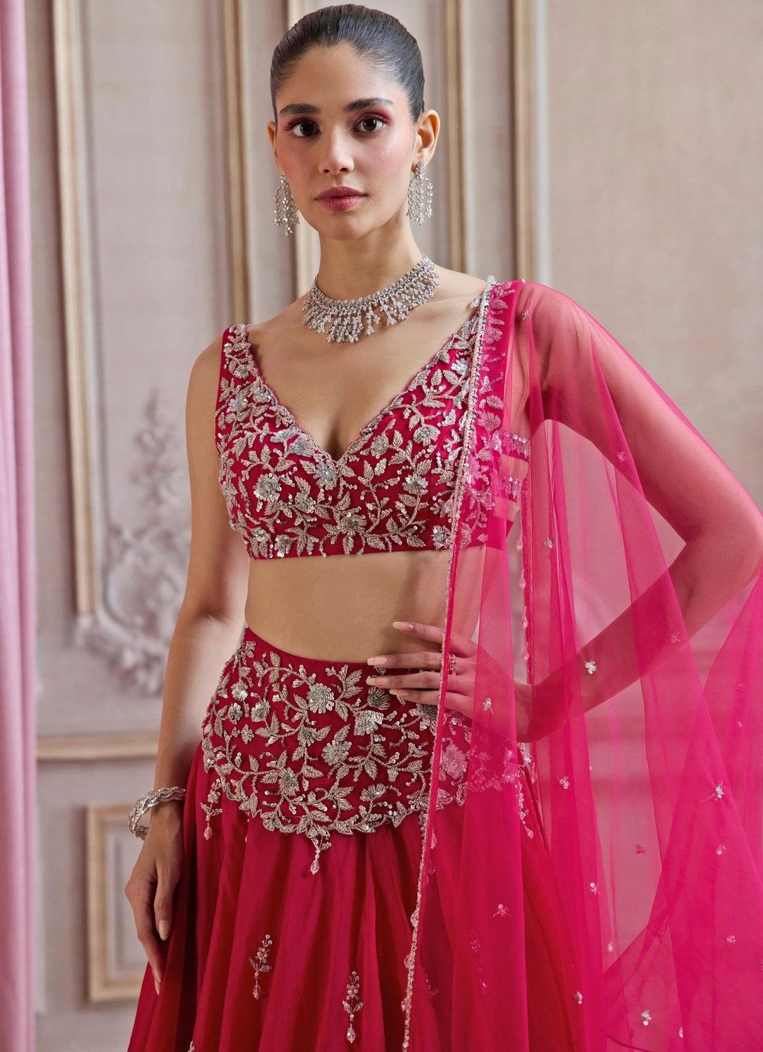 Hot Pink Embroidered Organza Lehenga Set Sanya Gulati - Fabilicious Fashion