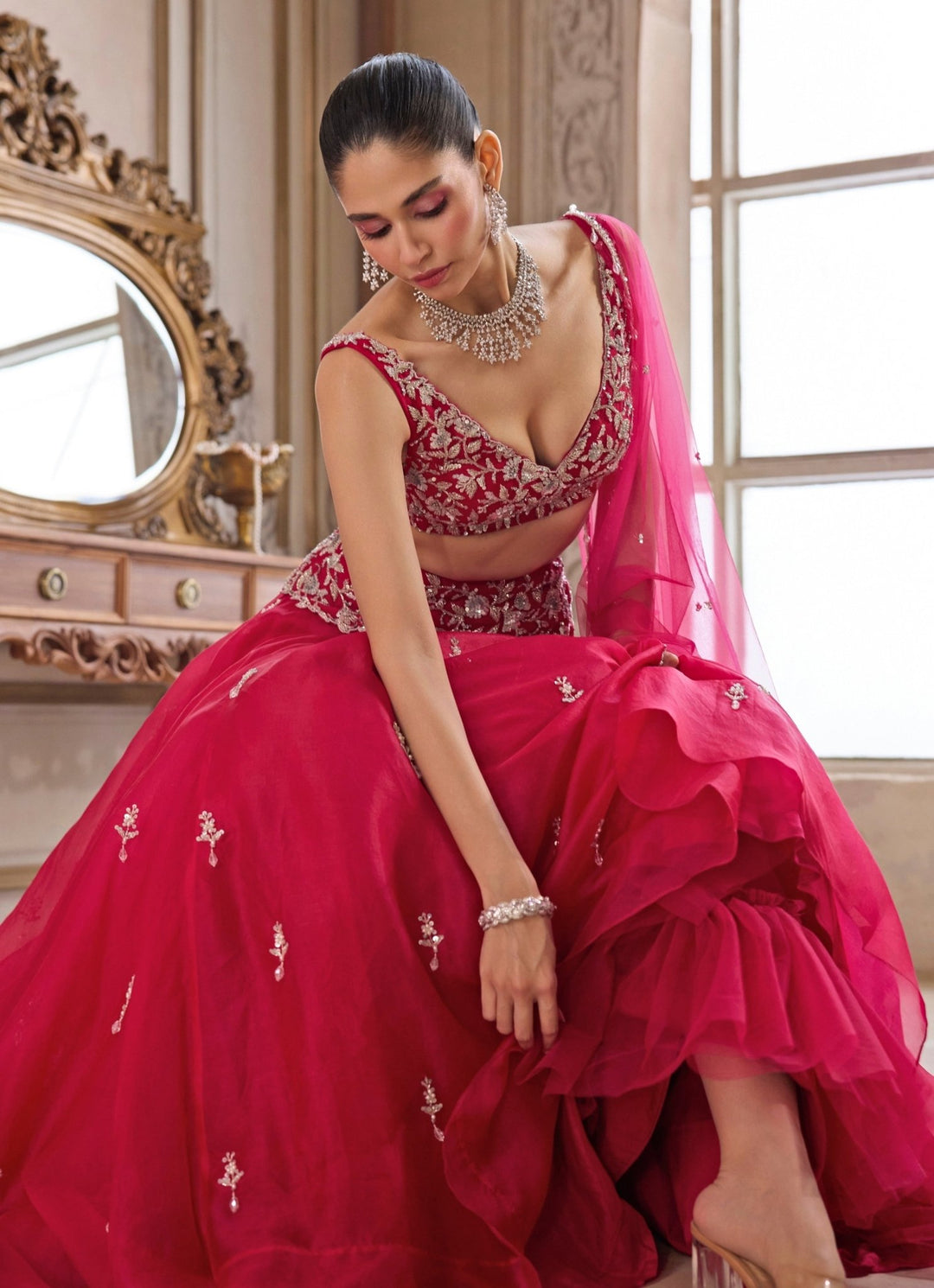 Hot Pink Embroidered Organza Lehenga Set Sanya Gulati - Fabilicious Fashion