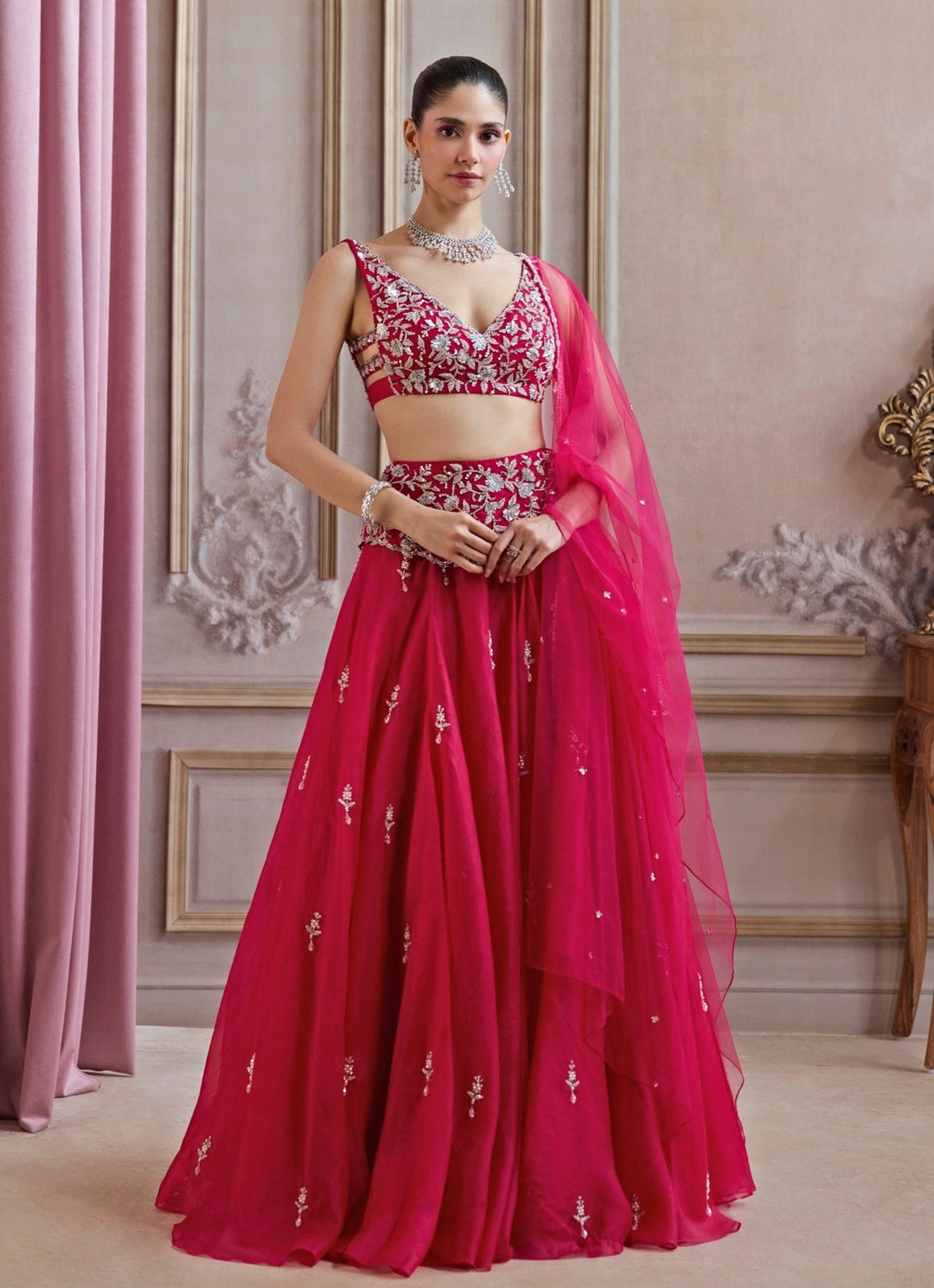 Hot Pink Embroidered Organza Lehenga Set Sanya Gulati - Fabilicious Fashion