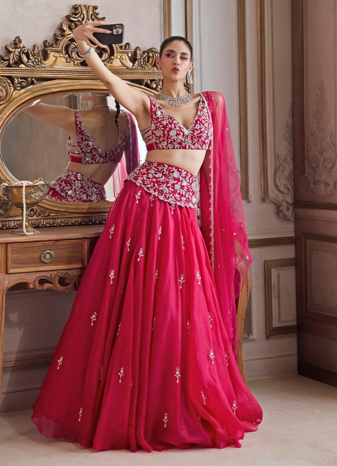 Hot Pink Embroidered Organza Lehenga Set Sanya Gulati - Fabilicious Fashion