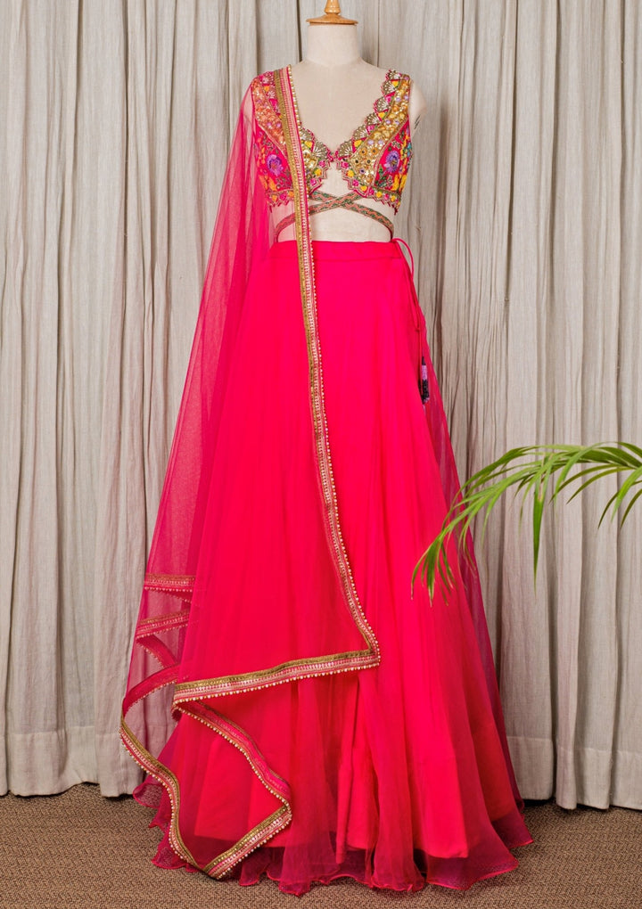 Hot Pink Embroidered Organza Lehenga Anisha Shetty - Fabilicious Fashion