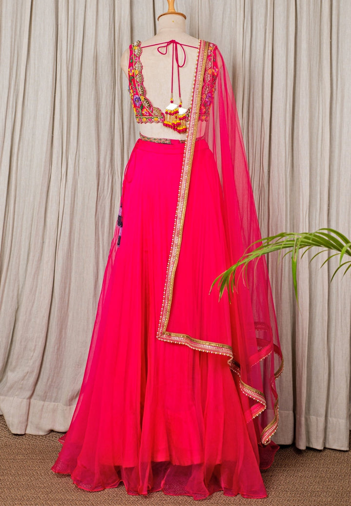 Hot Pink Embroidered Organza Lehenga Anisha Shetty - Fabilicious Fashion