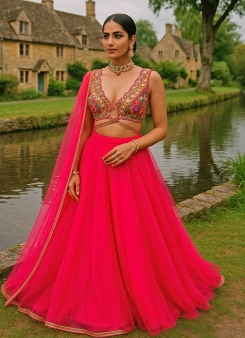 Hot Pink Embroidered Organza Lehenga Anisha Shetty - Fabilicious Fashion