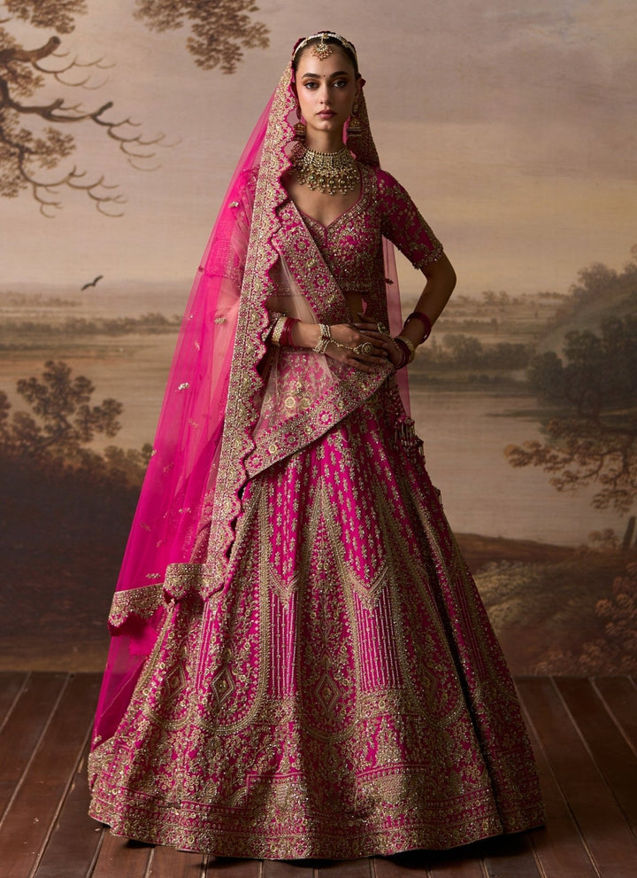 Angad Singh Hot Pink Embroidered Raw Silk Bridal LehengaFabilicious Fashion