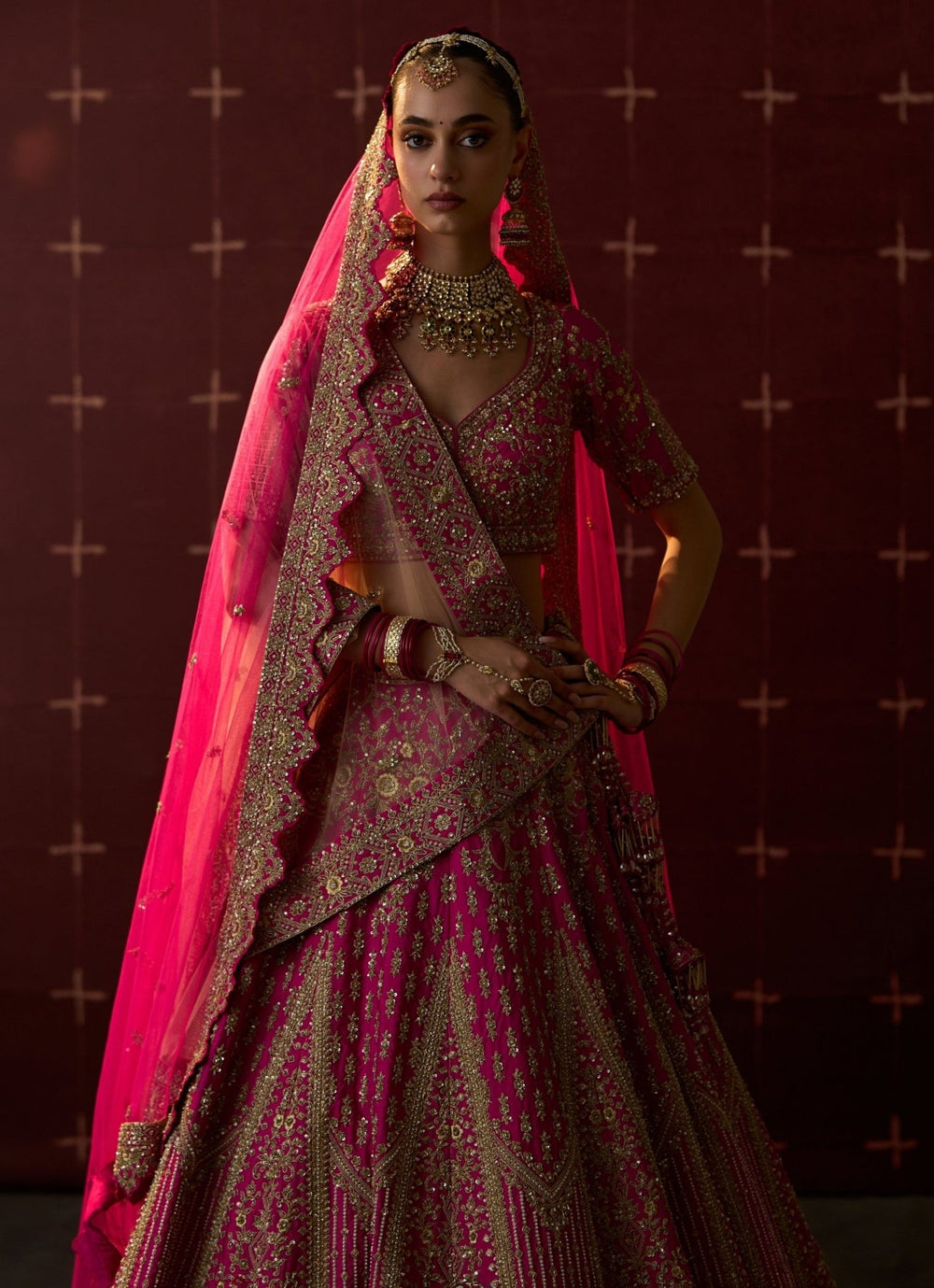 Angad Singh Hot Pink Embroidered Raw Silk Bridal LehengaFabilicious Fashion