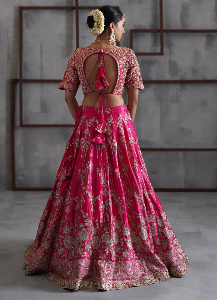 Hot Pink Embroidered Satin Lehenga Set Deepika Chadha - Fabilicious Fashion