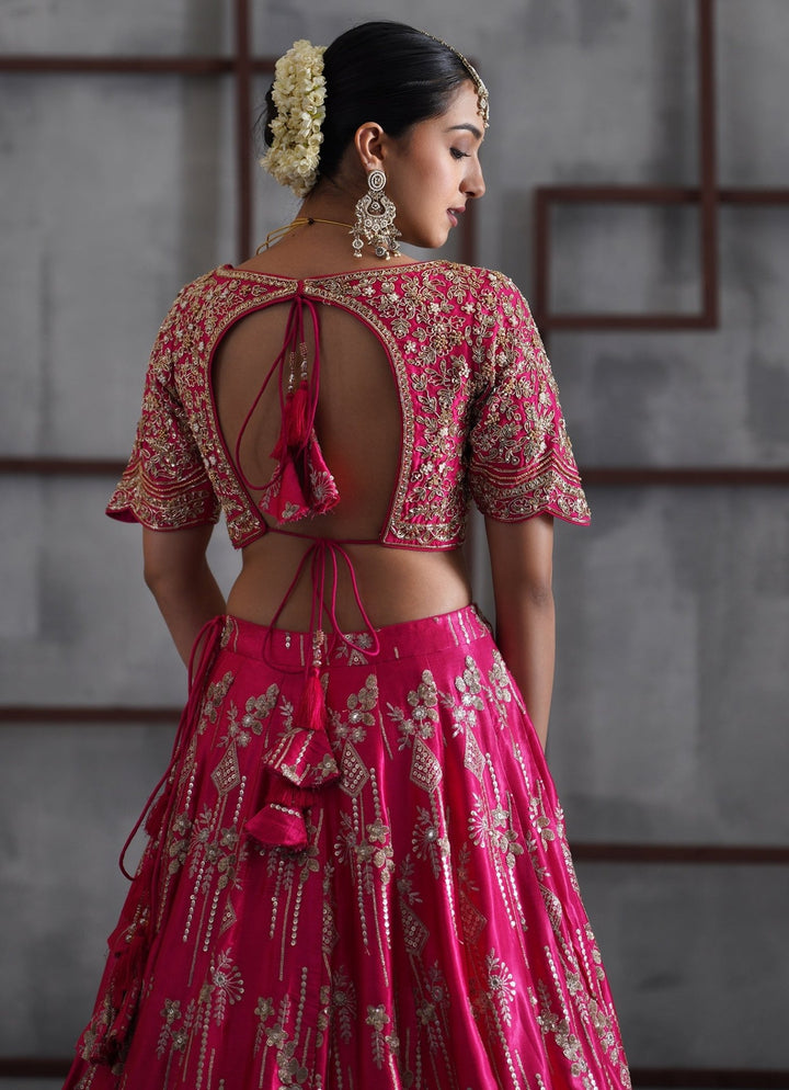 Hot Pink Embroidered Satin Lehenga Set Deepika Chadha - Fabilicious Fashion