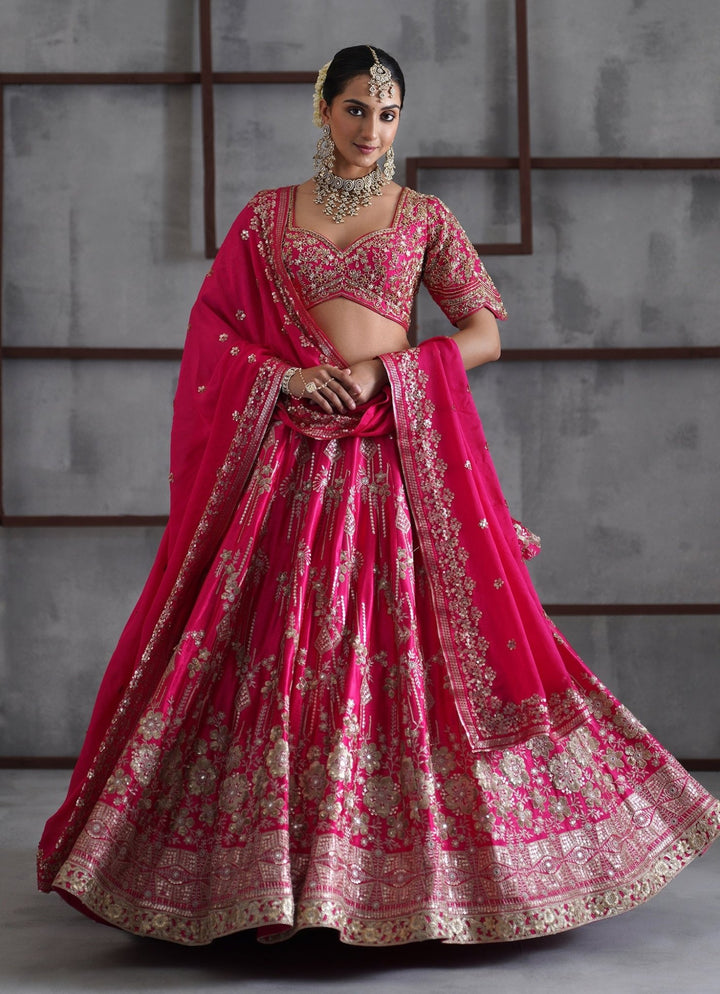 Hot Pink Embroidered Satin Lehenga Set Deepika Chadha - Fabilicious Fashion