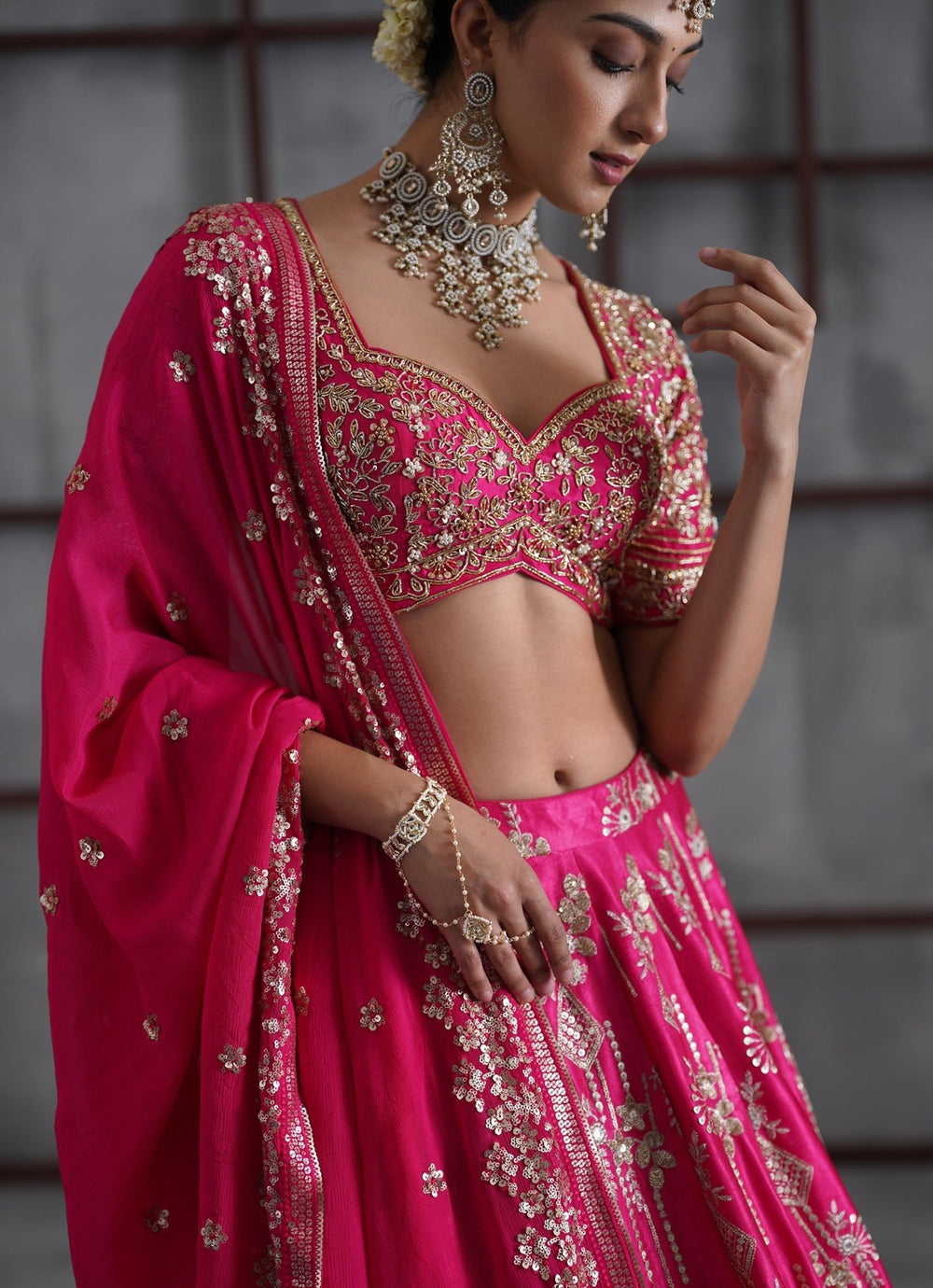 Hot Pink Embroidered Satin Lehenga Set Deepika Chadha - Fabilicious Fashion