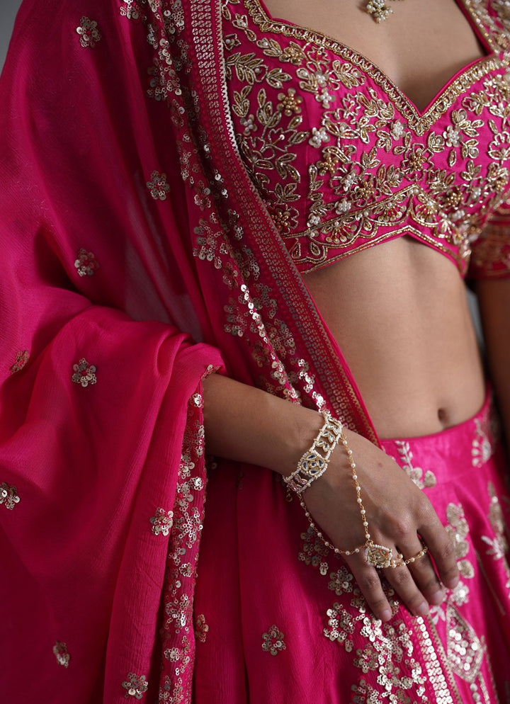 Hot Pink Embroidered Satin Lehenga Set Deepika Chadha - Fabilicious Fashion