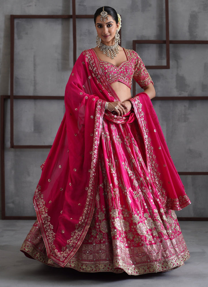 Hot Pink Embroidered Satin Lehenga Set Deepika Chadha - Fabilicious Fashion