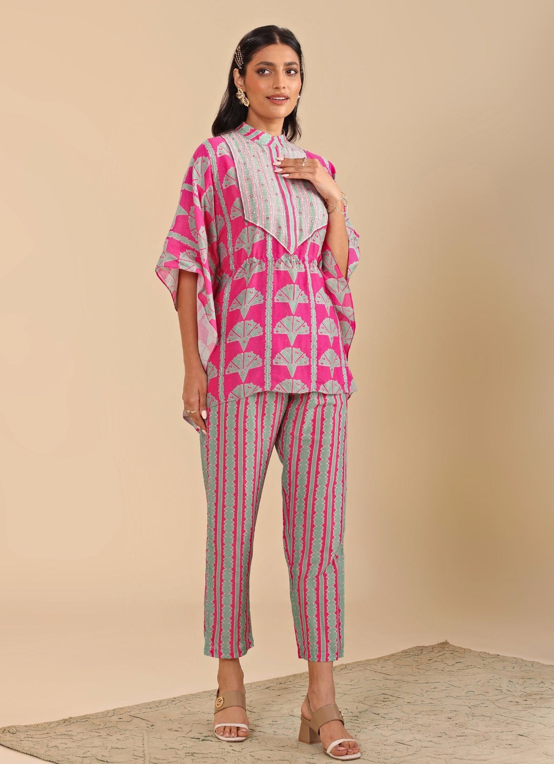 Hot Pink Embroidered Short Kaftan With Linen Pants Soup By Sougat Paul - Fabilicious Fashion
