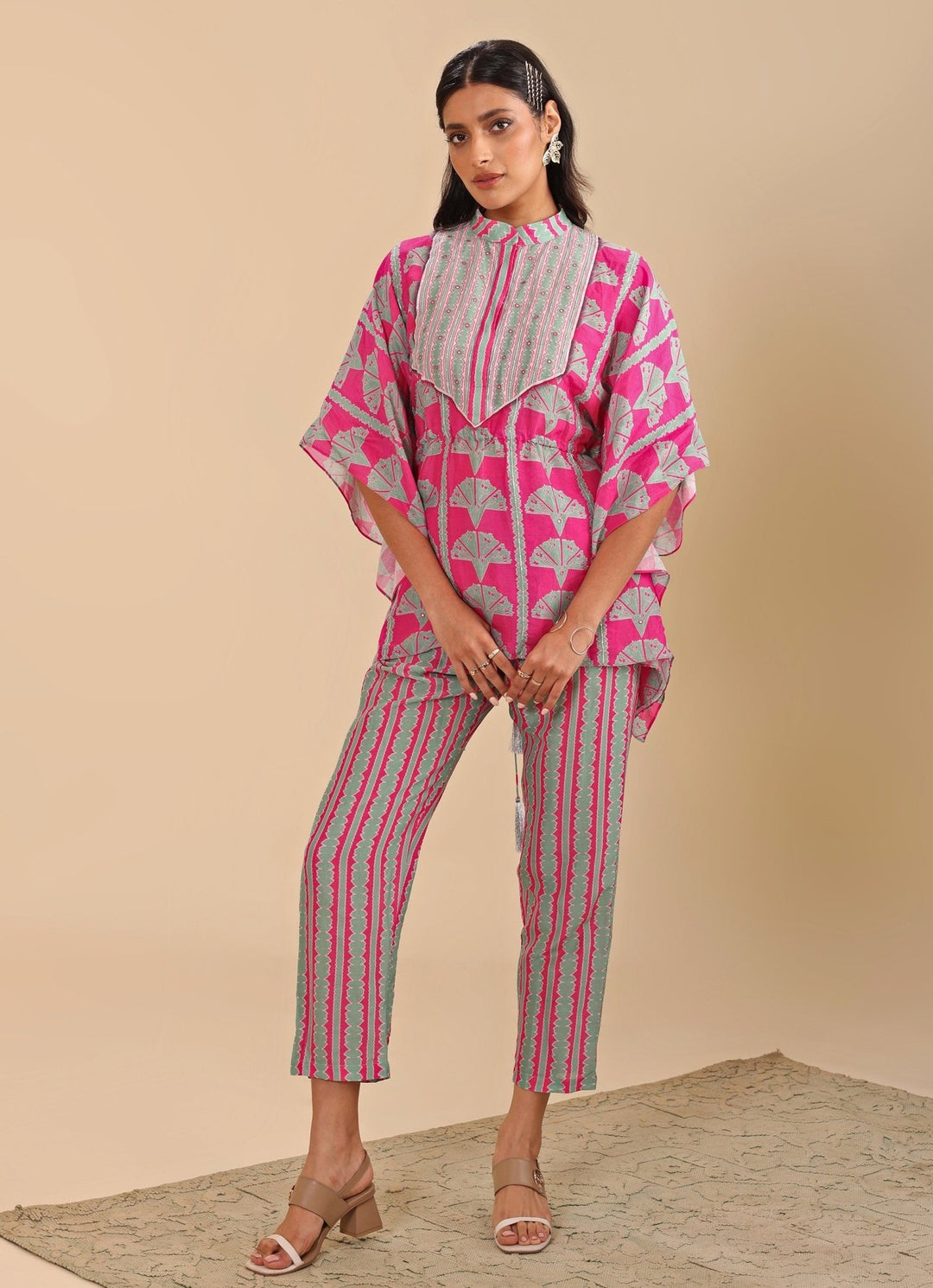 Hot Pink Embroidered Short Kaftan With Linen Pants Soup By Sougat Paul - Fabilicious Fashion