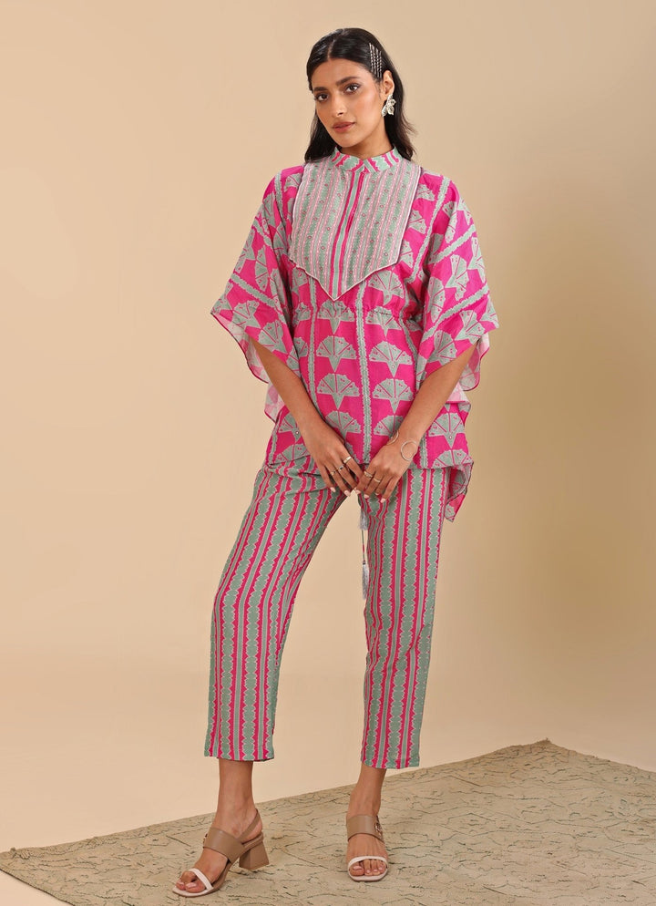 Hot Pink Embroidered Short Kaftan With Linen Pants Soup By Sougat Paul - Fabilicious Fashion