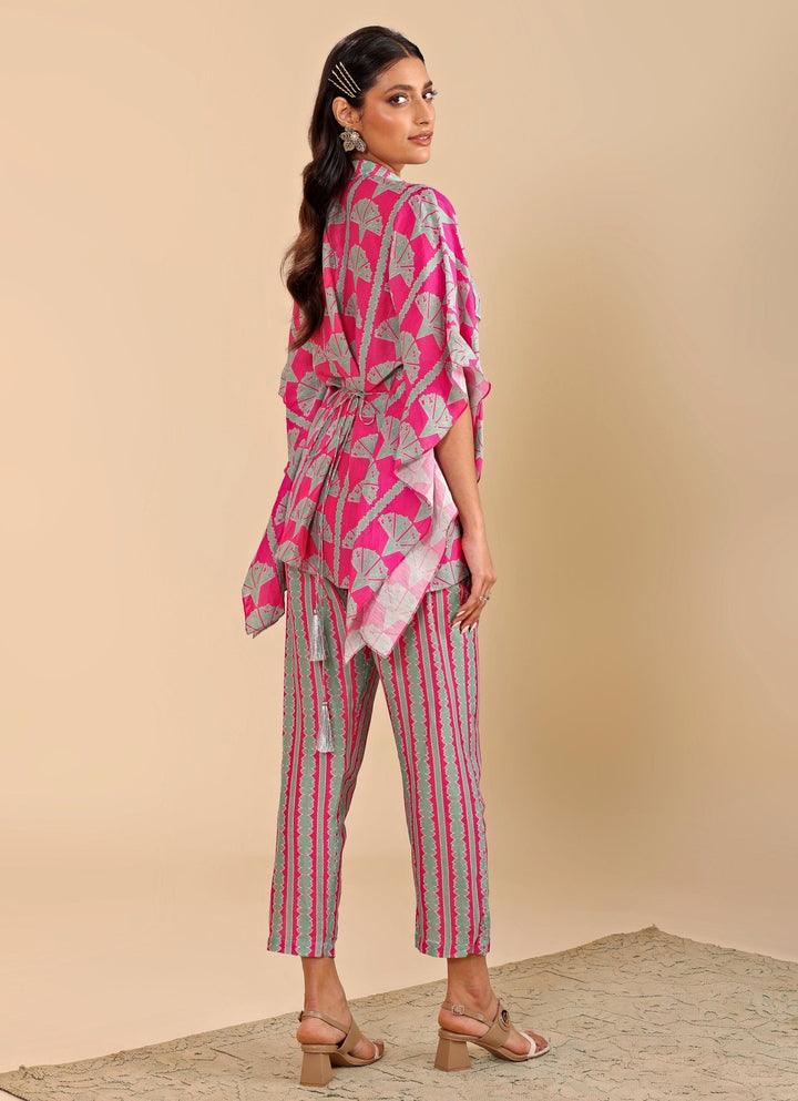 Hot Pink Embroidered Short Kaftan With Linen Pants Soup By Sougat Paul - Fabilicious Fashion