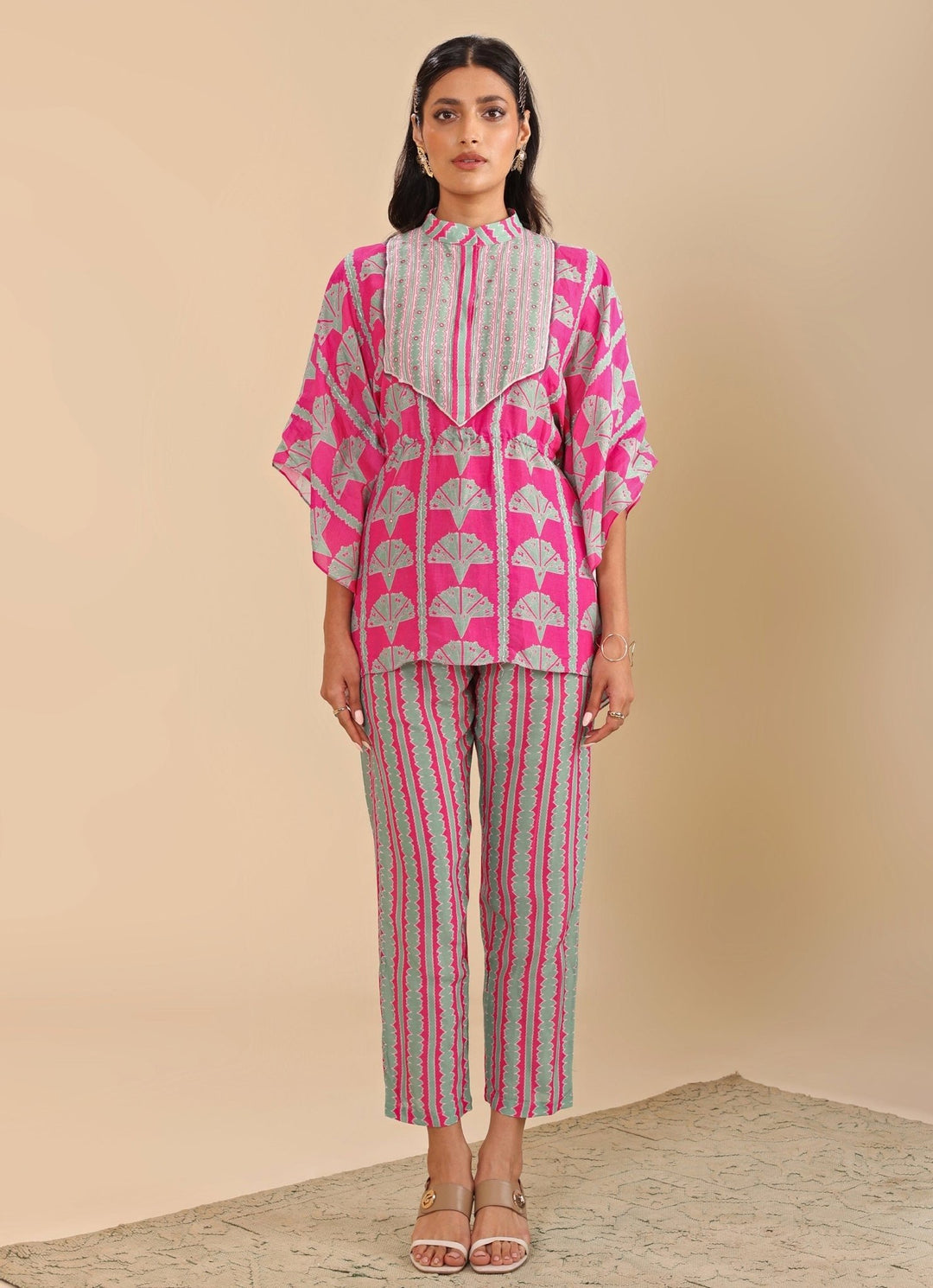 Hot Pink Embroidered Short Kaftan With Linen Pants Soup By Sougat Paul - Fabilicious Fashion